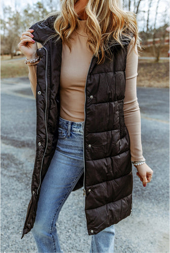 The Hattie Hooded Long Quilted Vest Coat