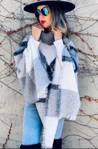The Gabby Grey Plaid Turtleneck Soft Knitted Poncho