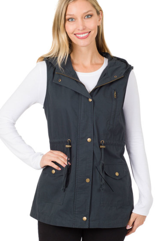 Drawstring Waist Military Hoodie Vest with Pockets