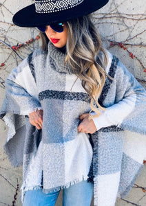 The Gabby Grey Plaid Turtleneck Soft Knitted Poncho