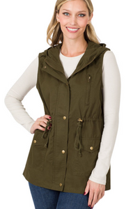 Drawstring Waist Military Hoodie Vest with Pockets