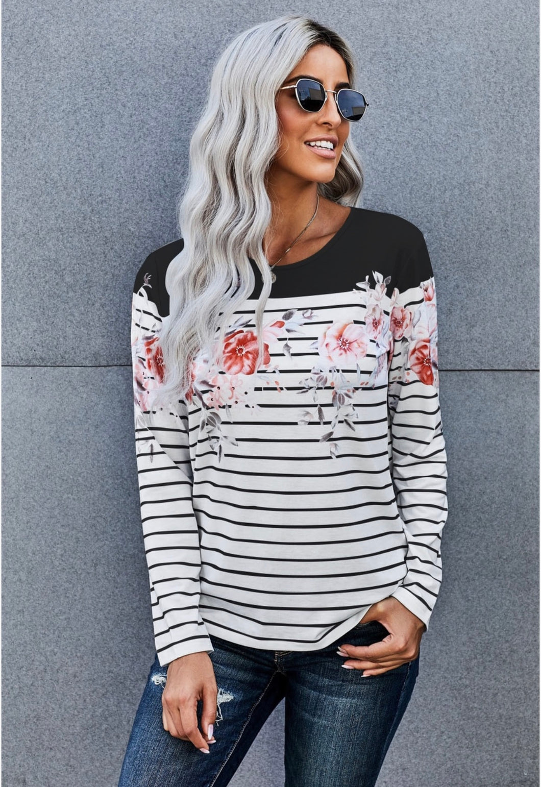 The Forget Me Not Floral Stripe Long-Sleeve Top