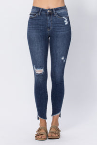 Judy Blue Hi-Waist Slanted Fray Hem Skinny Jeans